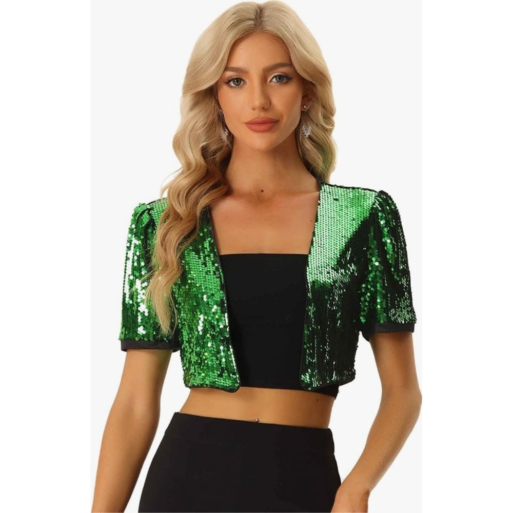 Allegra K Green Sequin Bolero Shrug Cropped Short Sleeve‎ Jacket Small NWT